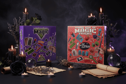 Two views of a 'Jumbo Box of Magic Tricks' packaging with dimensions displayed.