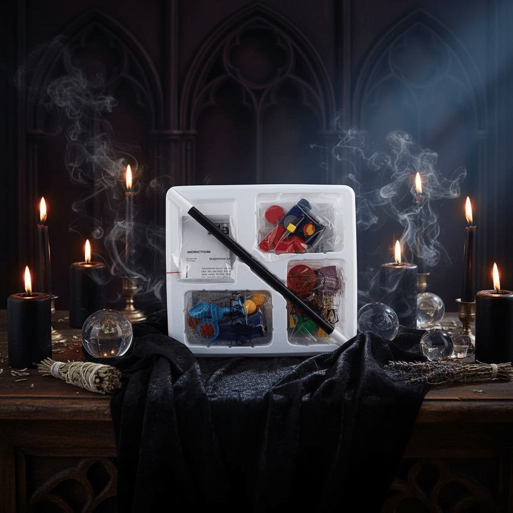 Witchcraft supplies including a wand, crystals, and candles on a dark background with smoke.