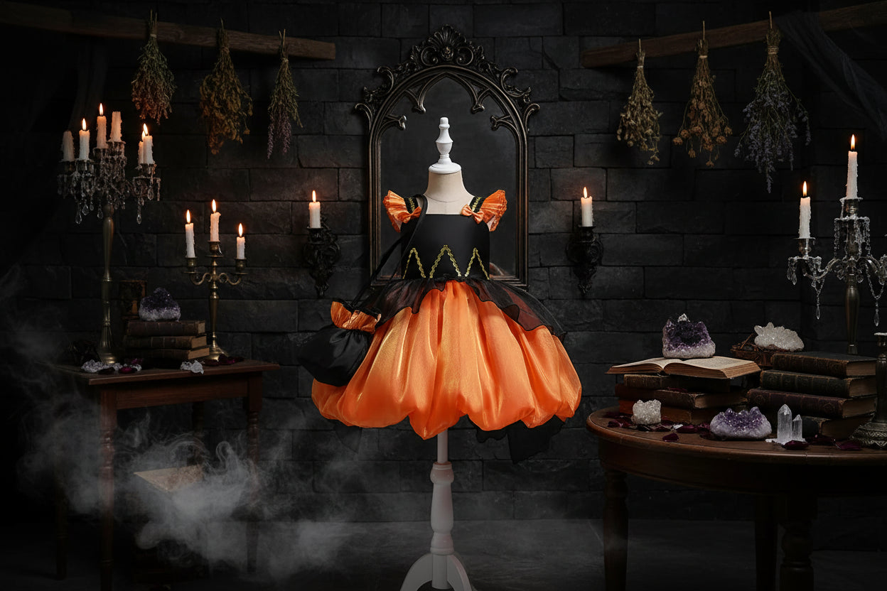 Kids Witch Dress - Sorceress Sanctuary Black Orange / 110cm-Black Orange / 120cm-Black Orange / 130cm-Black Orange / 140cm-Black Orange With Bag / 110cm
