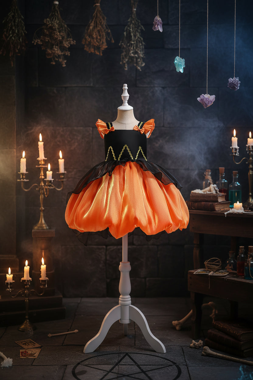 Kids Witch Dress - Sorceress Sanctuary Black Orange / 110cm-Black Orange / 120cm-Black Orange / 130cm-Black Orange / 140cm-Black Orange With Bag / 110cm