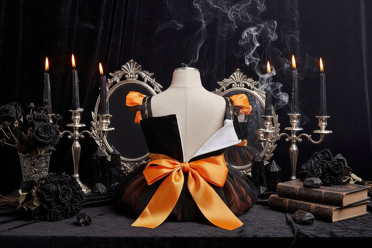 Kids Witch Dress - Sorceress Sanctuary Black Orange / 110cm-Black Orange / 120cm-Black Orange / 130cm-Black Orange / 140cm-Black Orange With Bag / 110cm
