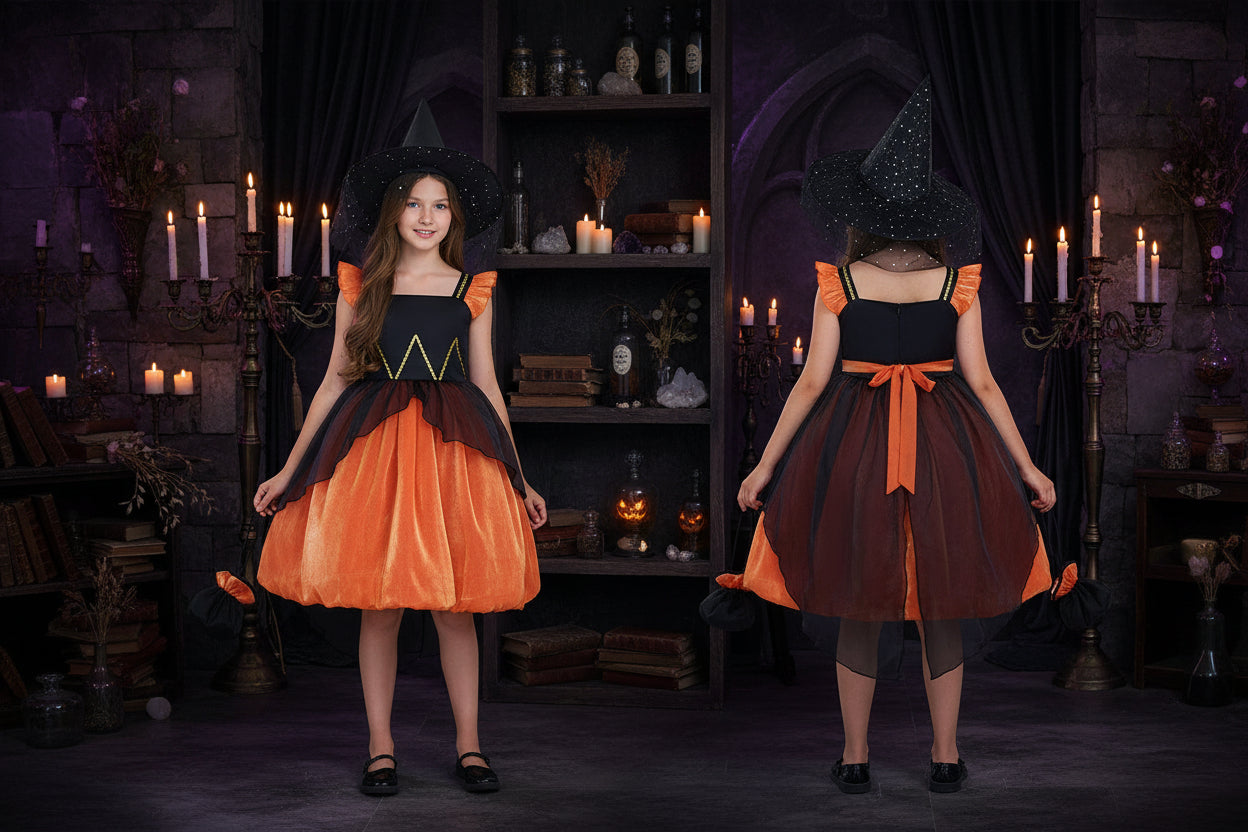 Kids Witch Dress - Sorceress Sanctuary Black Orange / 110cm-Black Orange / 120cm-Black Orange / 130cm-Black Orange / 140cm-Black Orange With Bag / 110cm