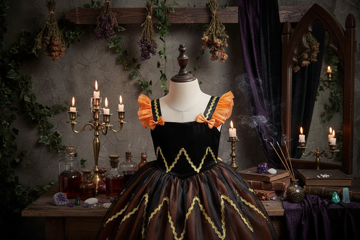 Kids Witch Dress - Sorceress Sanctuary Black Orange / 110cm-Black Orange / 120cm-Black Orange / 130cm-Black Orange / 140cm-Black Orange With Bag / 110cm