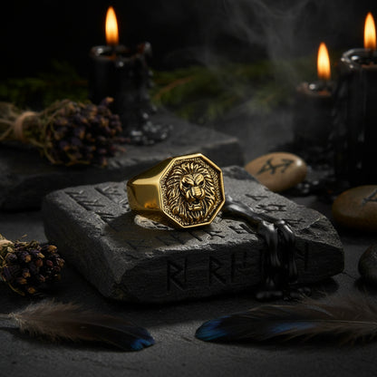 Lion's Head Punk Gold Titanium Steel Ring Sorceress Sanctuary
