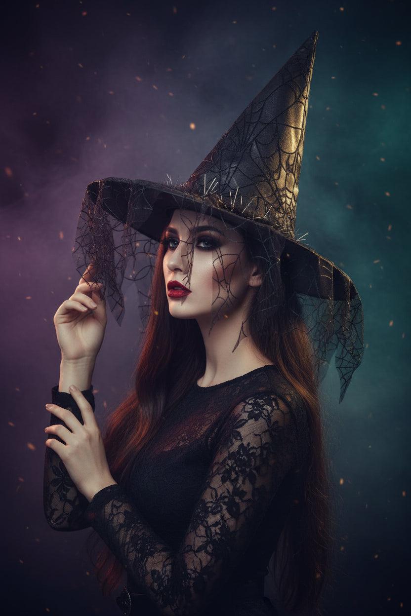 Black witch hat with spiderweb design on a white background