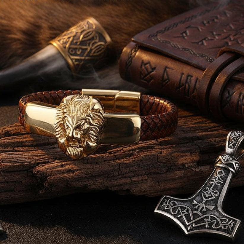 Titanium Steel Lion's Head Bracelet with Leather Rope Sorceress Sanctuary