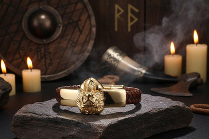 Titanium Steel Lion's Head Bracelet with Leather Rope Sorceress Sanctuary