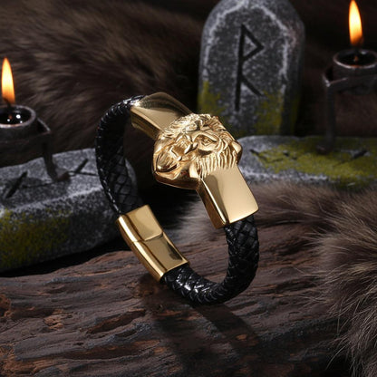 Titanium Steel Lion's Head Bracelet with Leather Rope Sorceress Sanctuary
