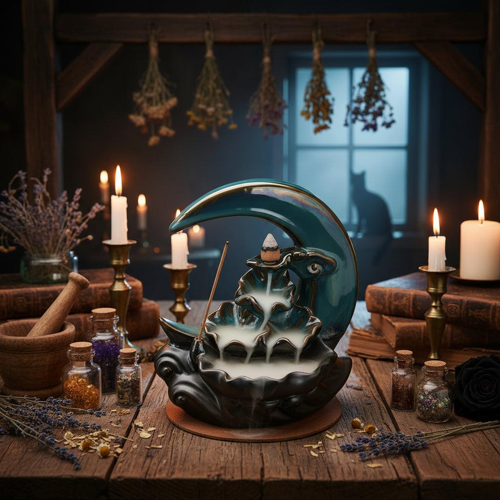 Lunar Cascade Burner - Sorceress Sanctuary Ceramic Backflow Incense Burner  