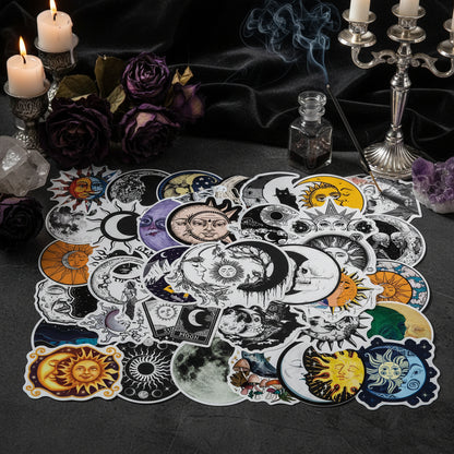 Collection of sun and moon-themed stickers on a white background