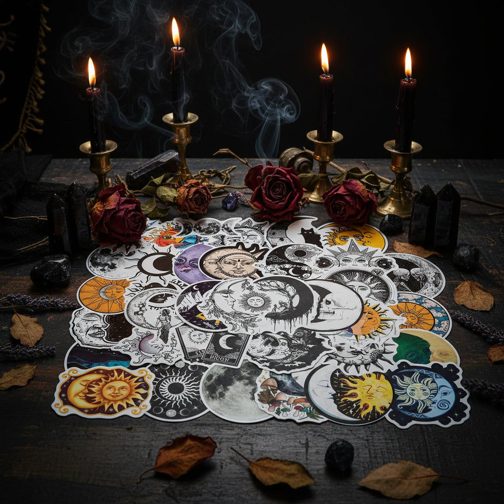 Collection of sun and moon-themed stickers on a white background
