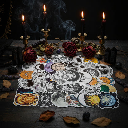 Collection of sun and moon-themed stickers on a white background