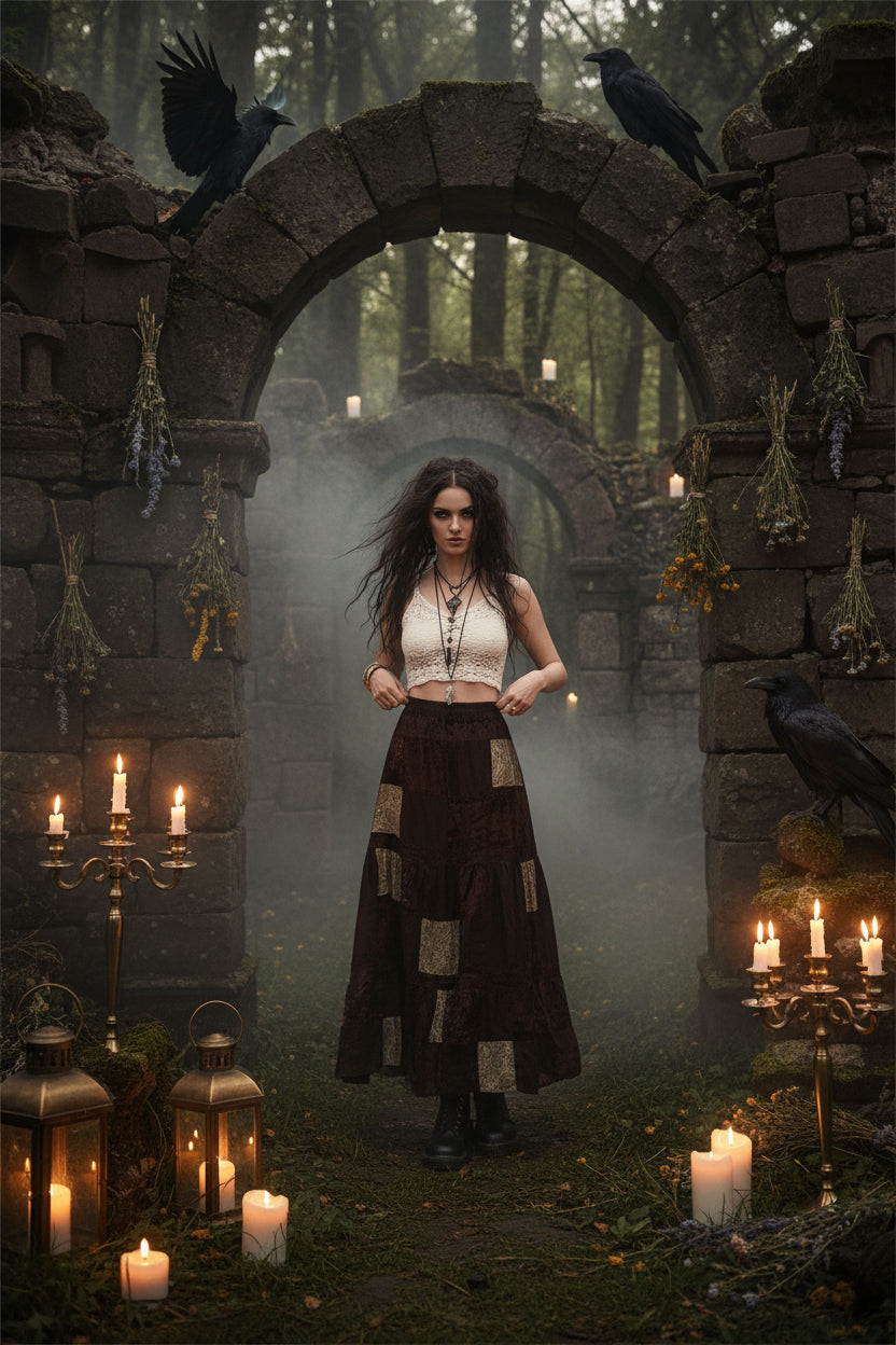 Y2K Brown Pleated Bohemian Grunge Long Skirt for Women Sorceress Sanctuary