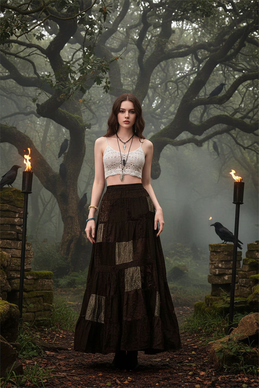 Y2K Brown Pleated Bohemian Grunge Long Skirt for Women Sorceress Sanctuary