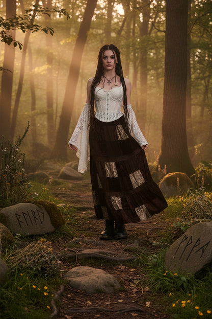 Y2K Brown Pleated Bohemian Grunge Long Skirt for Women Sorceress Sanctuary