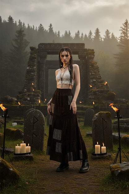 Y2K Brown Pleated Bohemian Grunge Long Skirt for Women Sorceress Sanctuary