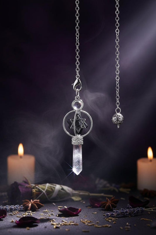 Jewelry pendant with crystal and star design on a black background
