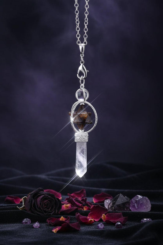 Jewelry set with a star-shaped pendant and crystal-like element on a black background