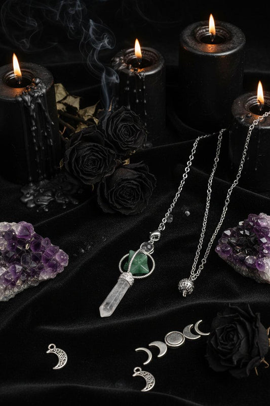 Jewelry pendant with green stone and crystal on a black background