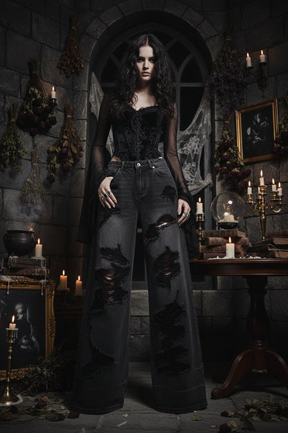 Dark Black Ripped Wide Leg Denim Jeans Sorceress Sanctuary