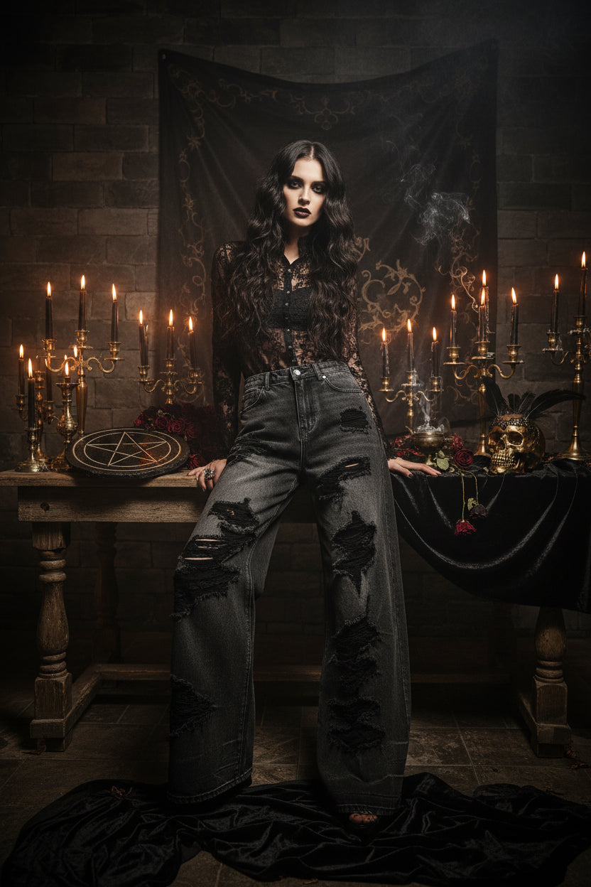 Dark Black Ripped Wide Leg Denim Jeans Sorceress Sanctuary