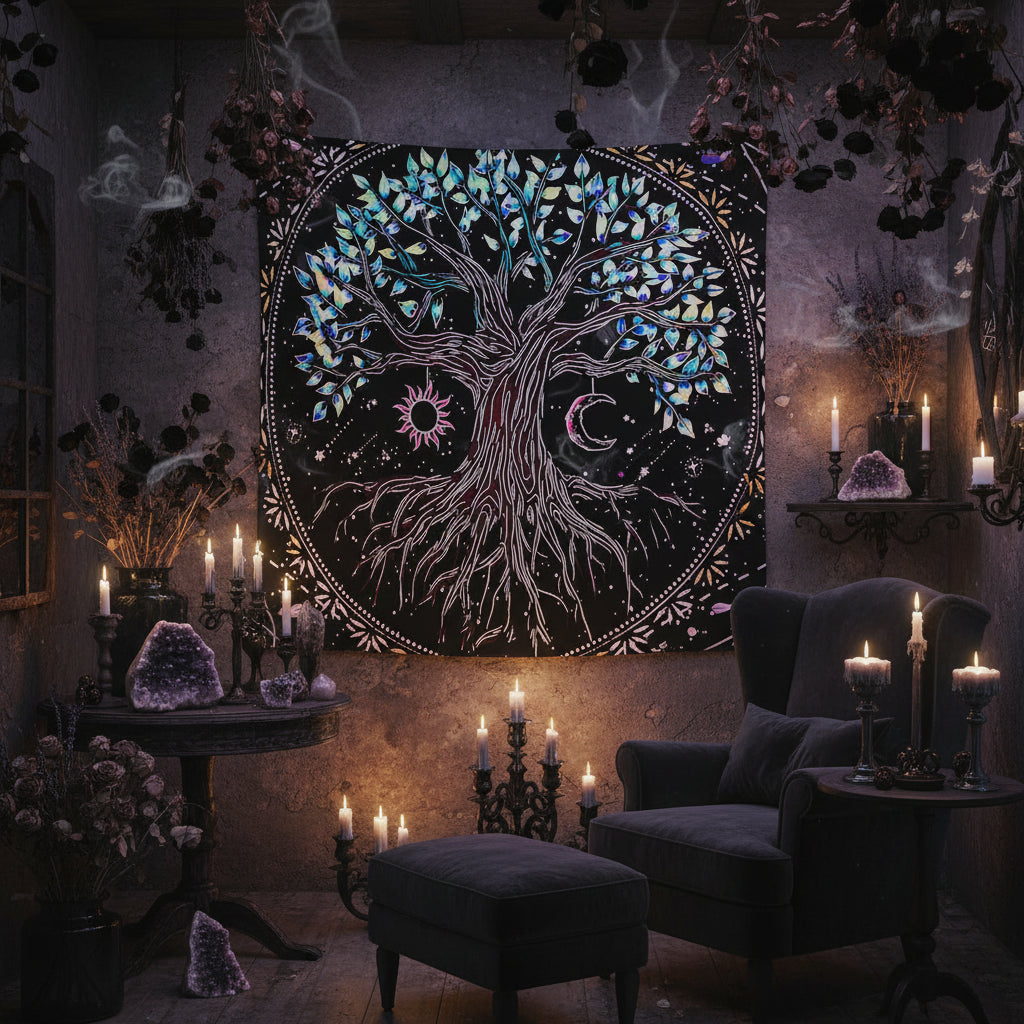 Tree of Life tapestry with colorful leaves on a black background, hanging above a white sofa.
