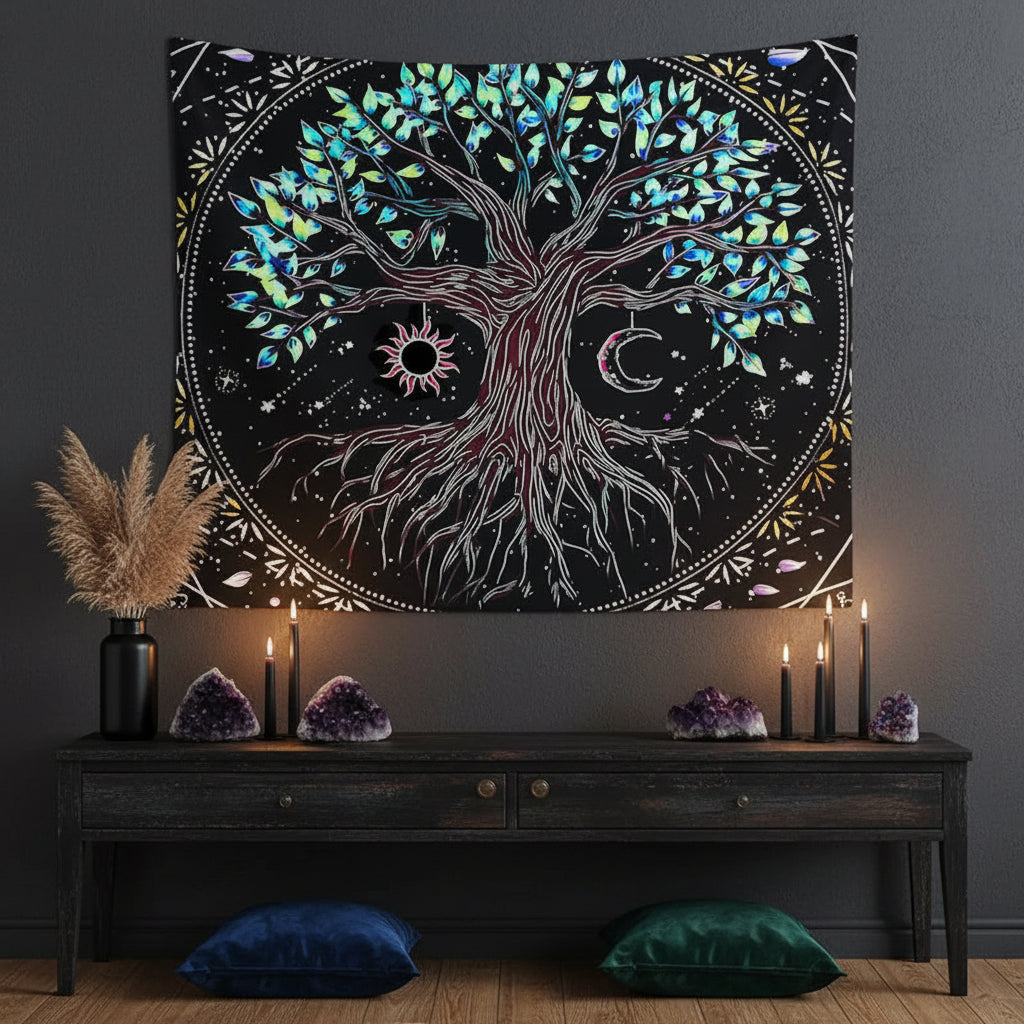 Decorative tapestry with a colorful tree design hanging on a wall above a chair and table.