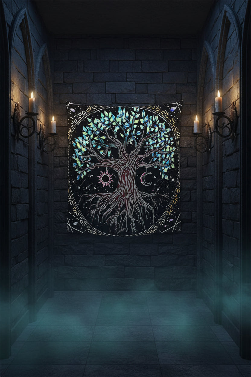Tree of life design tapestry with colorful leaves on a beige background