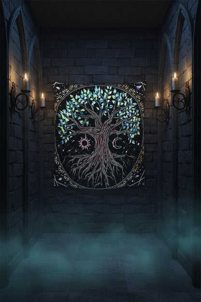 Tree of life design tapestry with colorful leaves on a beige background