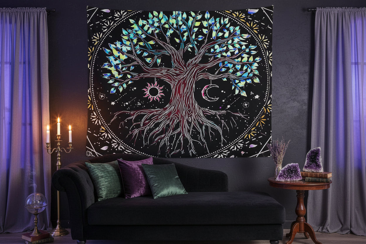 Tree of life tapestry with celestial elements on a wall above a bed.