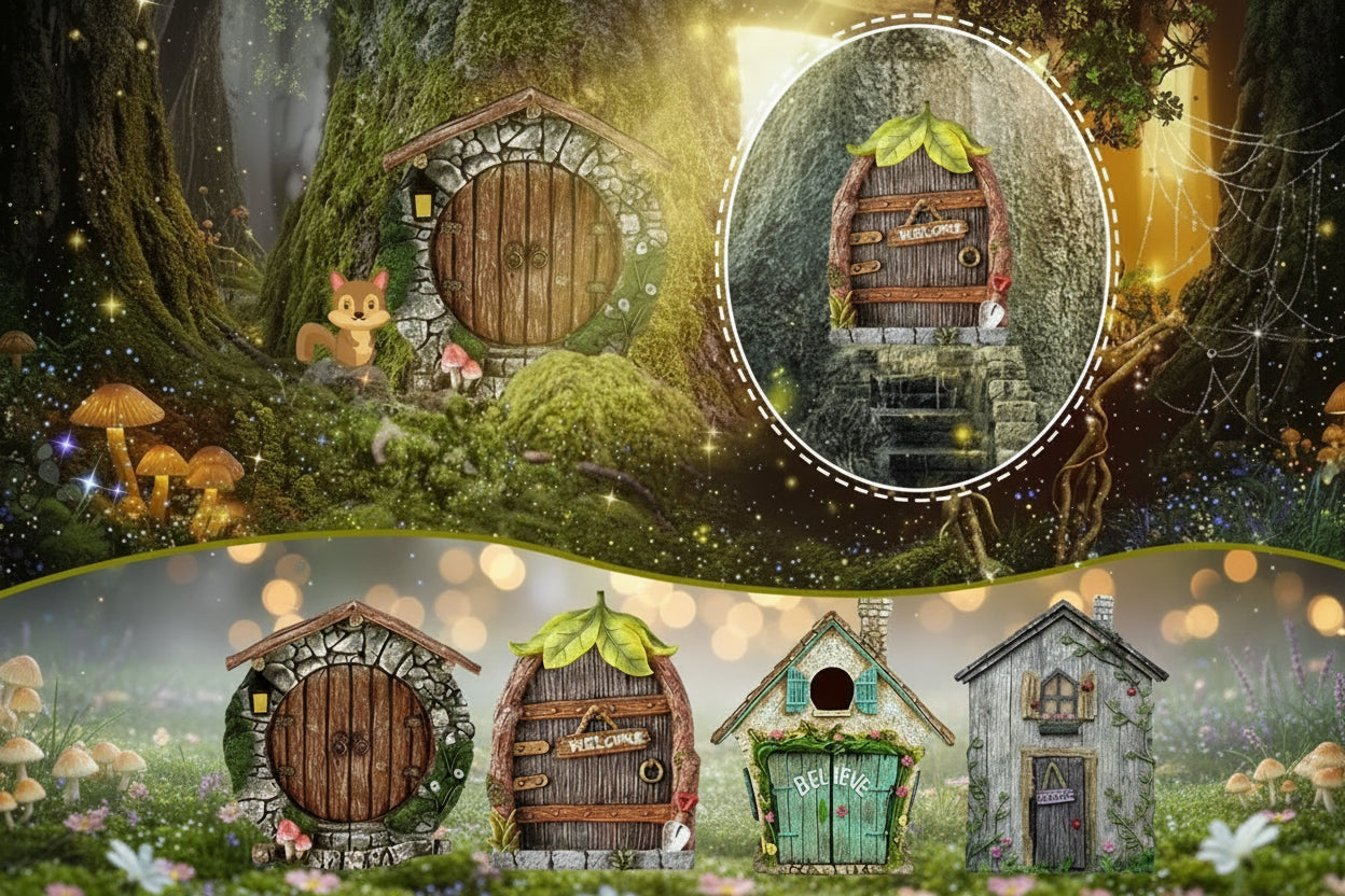 Mini Fairy Door - Sorceress Sanctuary Green-Blue-Yellow and White-Rainbow-Yellow