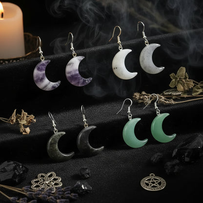 Moon Earrings - Sorceress Sanctuary White Crystal-Green East Mausoleum-Blitorite-Red Tiger Stone-Amethyst