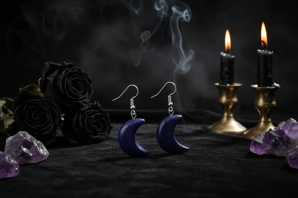 Moon Earrings - Sorceress Sanctuary White Crystal-Green East Mausoleum-Blitorite-Red Tiger Stone-Amethyst
