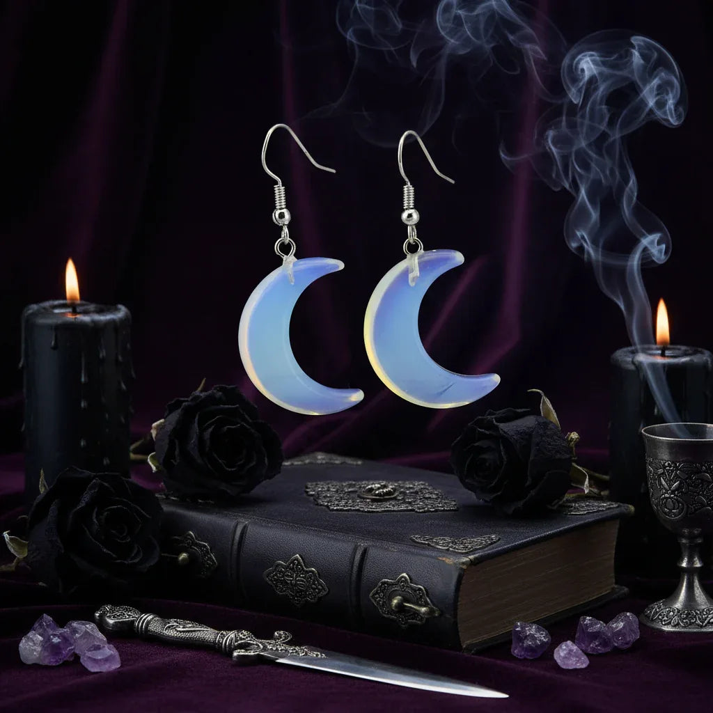Moon Earrings - Sorceress Sanctuary White Crystal-Green East Mausoleum-Blitorite-Red Tiger Stone-Amethyst