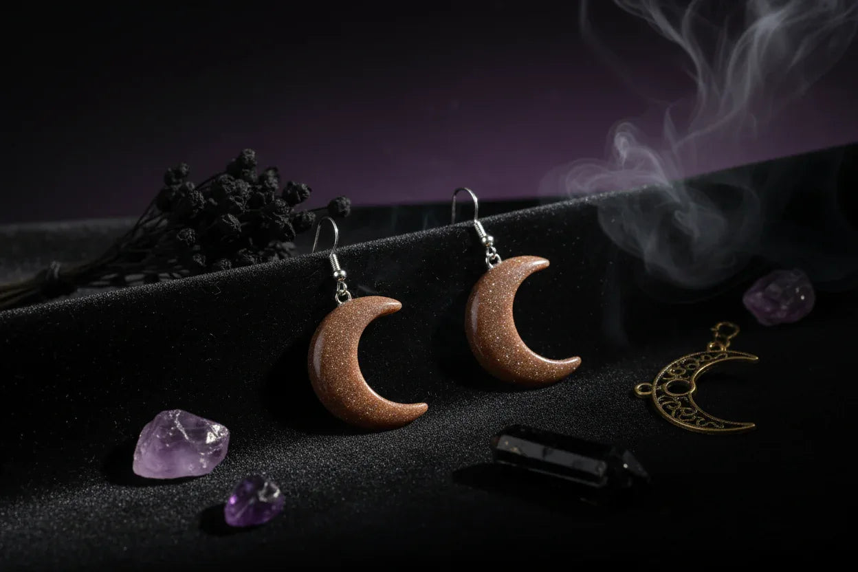 Moon Earrings - Sorceress Sanctuary White Crystal-Green East Mausoleum-Blitorite-Red Tiger Stone-Amethyst