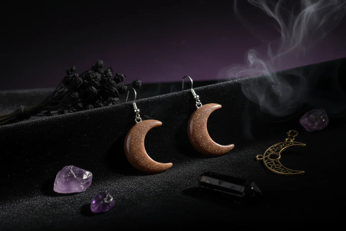 Moon Earrings - Sorceress Sanctuary White Crystal-Green East Mausoleum-Blitorite-Red Tiger Stone-Amethyst