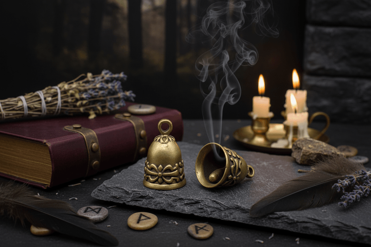 Two brass bells on a dark surface with a blurred background