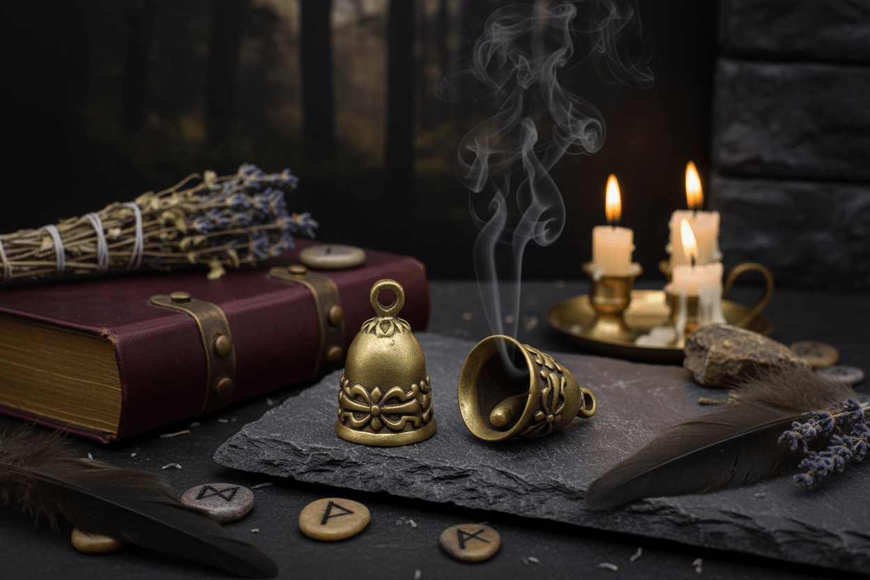 Two brass bells on a dark surface with a blurred background