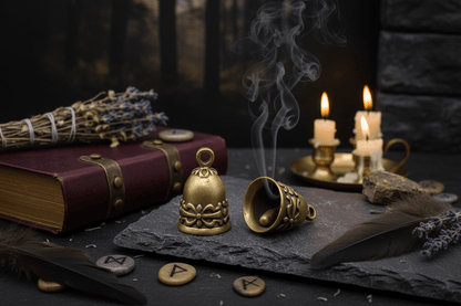Two brass bells on a dark surface with a blurred background