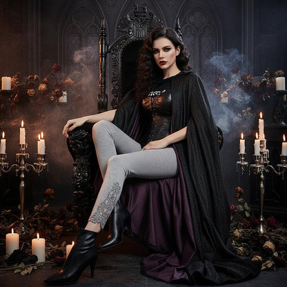 Person wearing gray leggings with lace details sitting on a dark surface.
