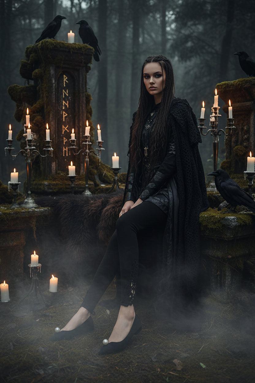 Person wearing black flats with pearl accents and black leggings with lace details, sitting on a white bench.