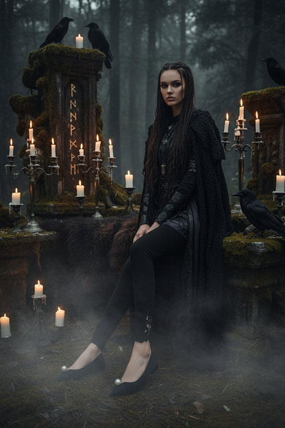 Person wearing black flats with pearl accents and black leggings with lace details, sitting on a white bench.