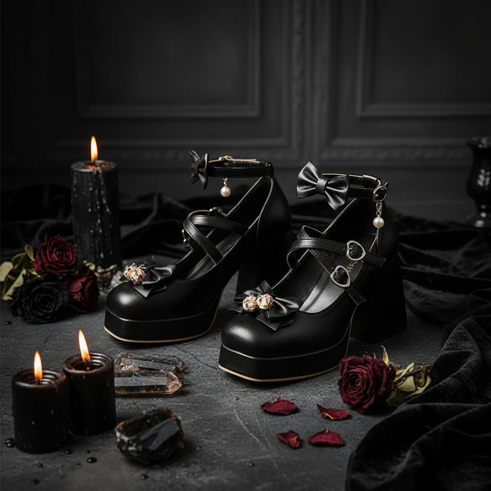 Black high-heeled shoes with bow details worn by a person on a neutral background