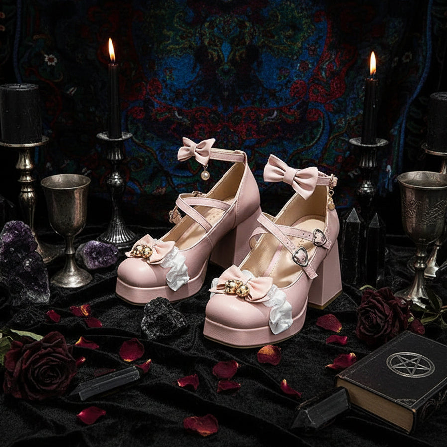 Pink platform shoes with decorative bows and flowers worn with heart-patterned tights on a neutral background.