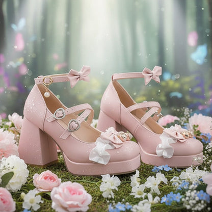 Pink high-heeled shoes with floral decorations worn with polka dot tights on a neutral background.