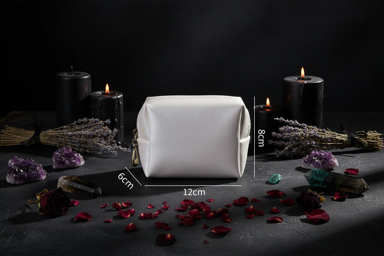 White cosmetic bag with dimensions on a light gray background