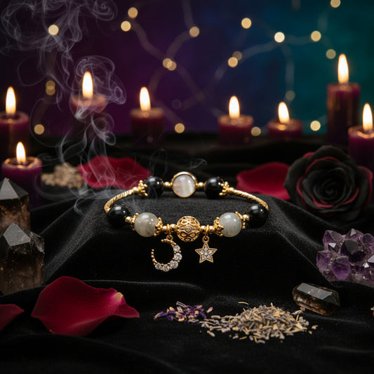 Moonstone Goddess Bracelet - Sorceress Sanctuary Grey moonlight-Strawberry crystal  