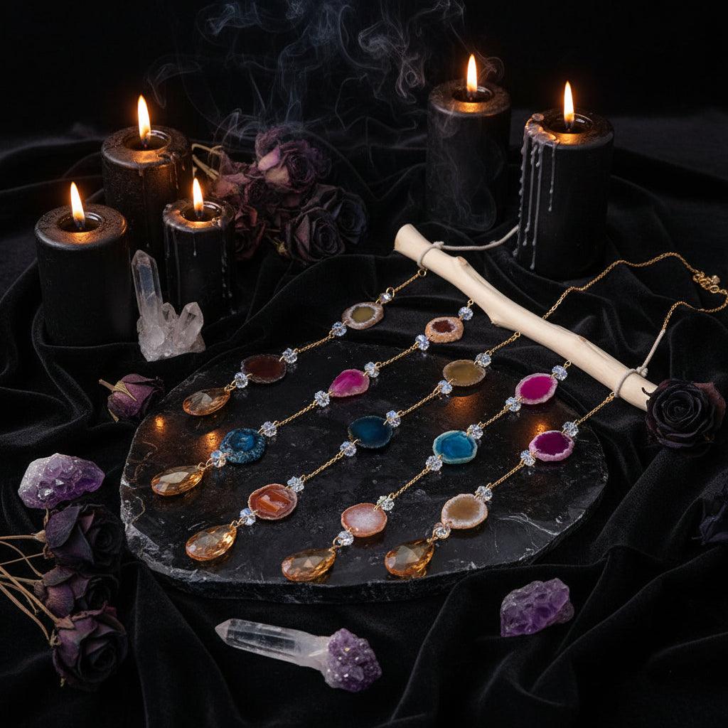 Necklace with colorful gemstones on a wooden surface