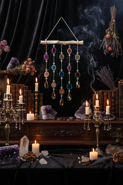 Decorative hanging with colorful beads on a gray wall