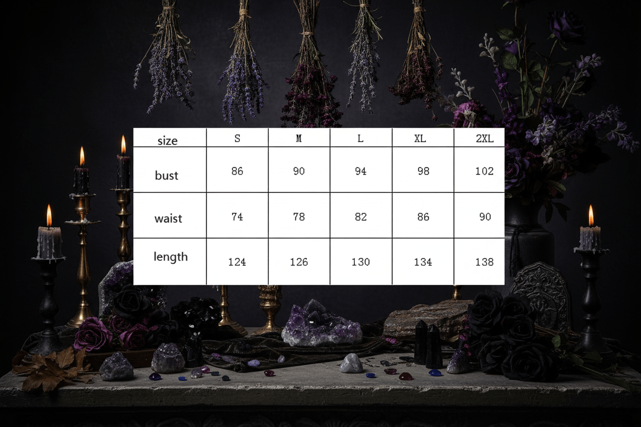 Table displaying measurements for different sizes of clothing items.